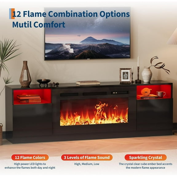 70" Fireplace TV Stand with Electric Fireplace - 36" 12-Color LED Flame - 1500W Heater for 80" TVs - 2 Door Cabinet & Storage Shelves - Black