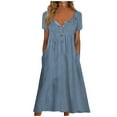 thumbnail image 2 of XIAOFFENN Womens Winter Dresses,Womens Cotton and Linen Dress V-Neck Casual Loose Blouse Dress striped Maxi Dresses with Pocket Blue L, 2 of 6