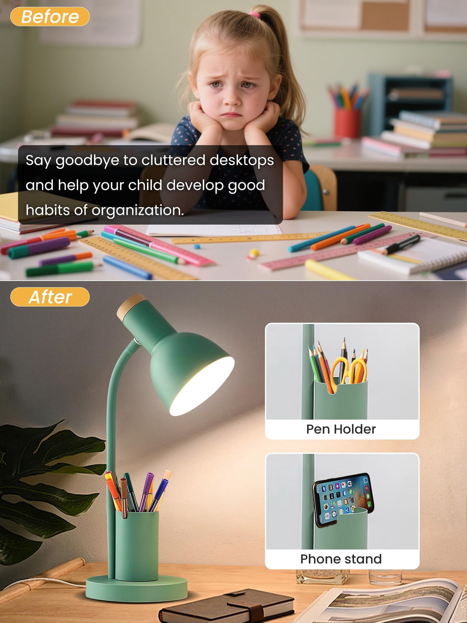 Led Desk Lamp For Home Office  Table With Pen Holder 3 Color Modes Reading Light Eye-caring Gooseneck Metal Study Dorm Bedside Bedroom (green Lamp)
