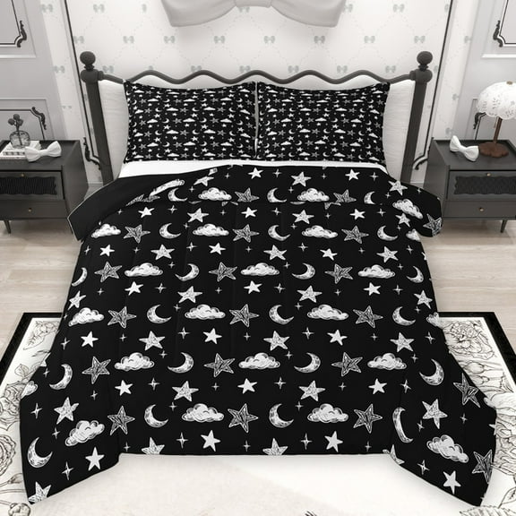 Homewish Kids Children Stars Print Bedding Comforter Set 2pcs,Starry Sky Twin Comforter Sets Microfiber,Black White Breathable Bedding Set,Luxury Bedroom Decor,Reversible