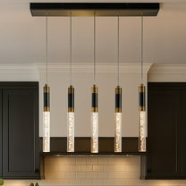 31'' Modern Linear 5-Light Seeded Bubble Glass Integrated LED Chandelier Dimmable Pendant Light In Matte Black For Dining Room Kitchen Island