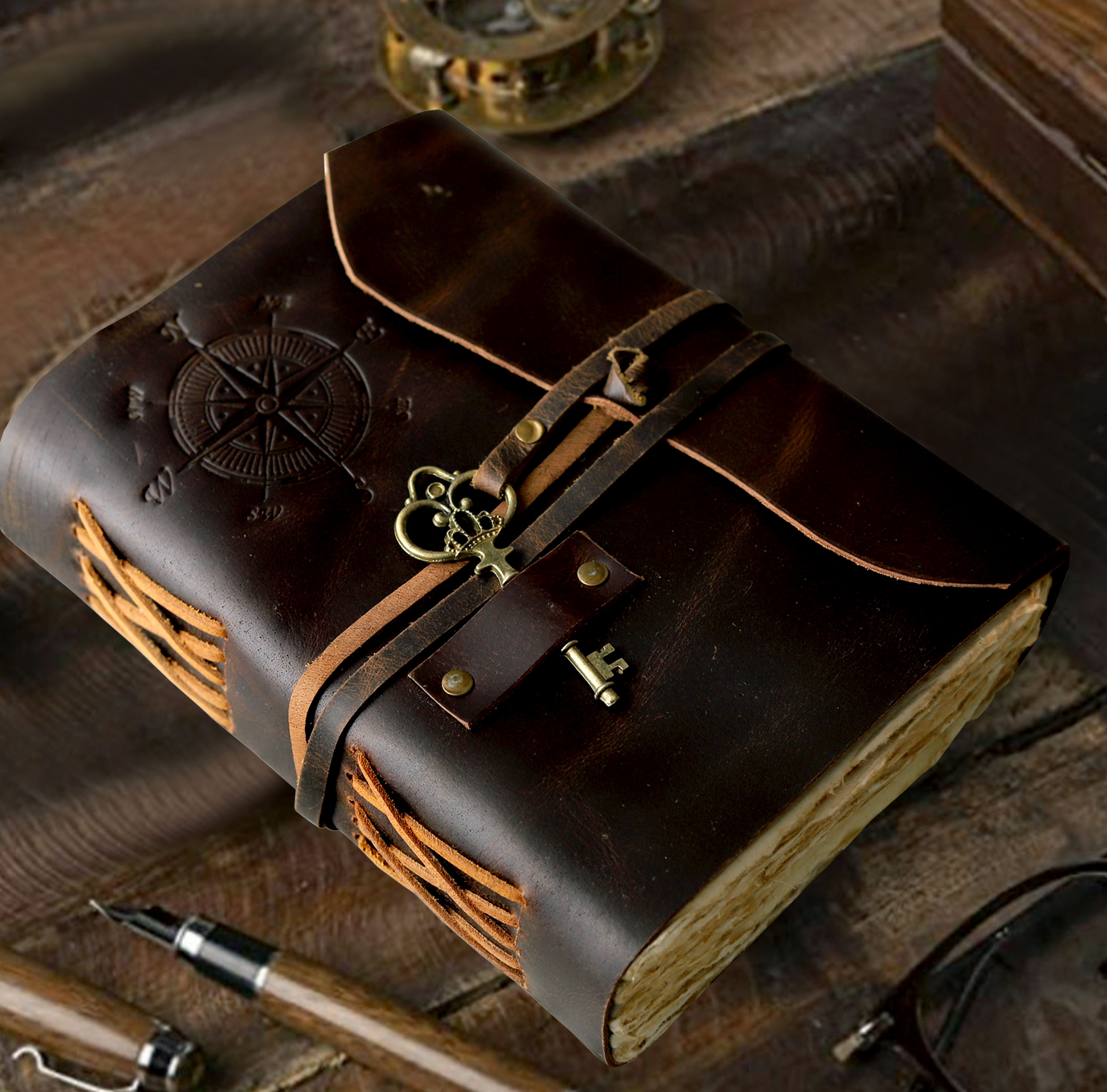 RUZIOON Antique Handmade Leather Bound journal with deckle edge paper Diary - Leather Sketchbook - Drawing Journal Notebook - Great Gift Men And Women (5X7 Inch)