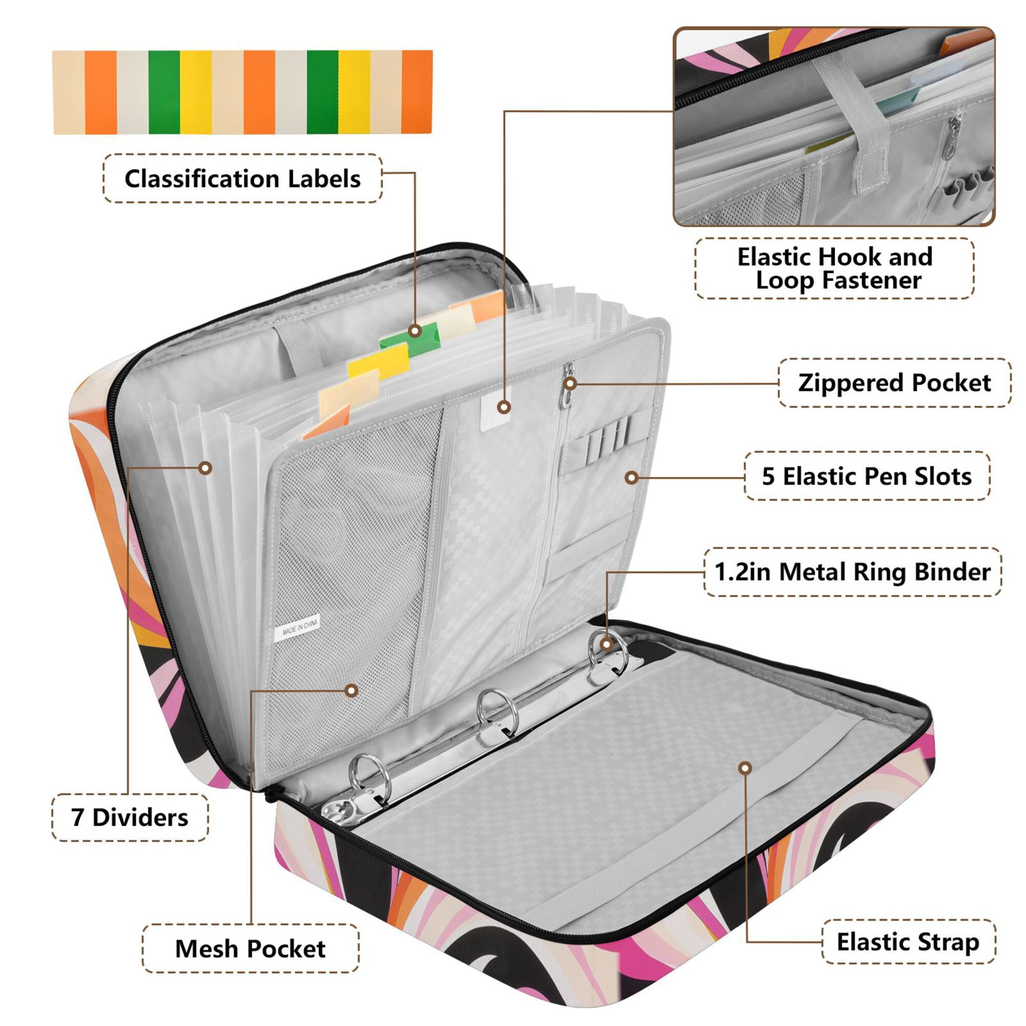 FORMRS Accordion File Folder A4 Size 7-Pocket Expanding Document Organizer Bag with 3 Ring Binder, Swirling Circles