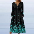 thumbnail image 2 of pstuiky Dresses for Women, Women Button Flower Print Pleated Dress Long Sleeve V-Neck Dress Mid-Calf Dress with Pocket Leisure Green XXL, 2 of 5