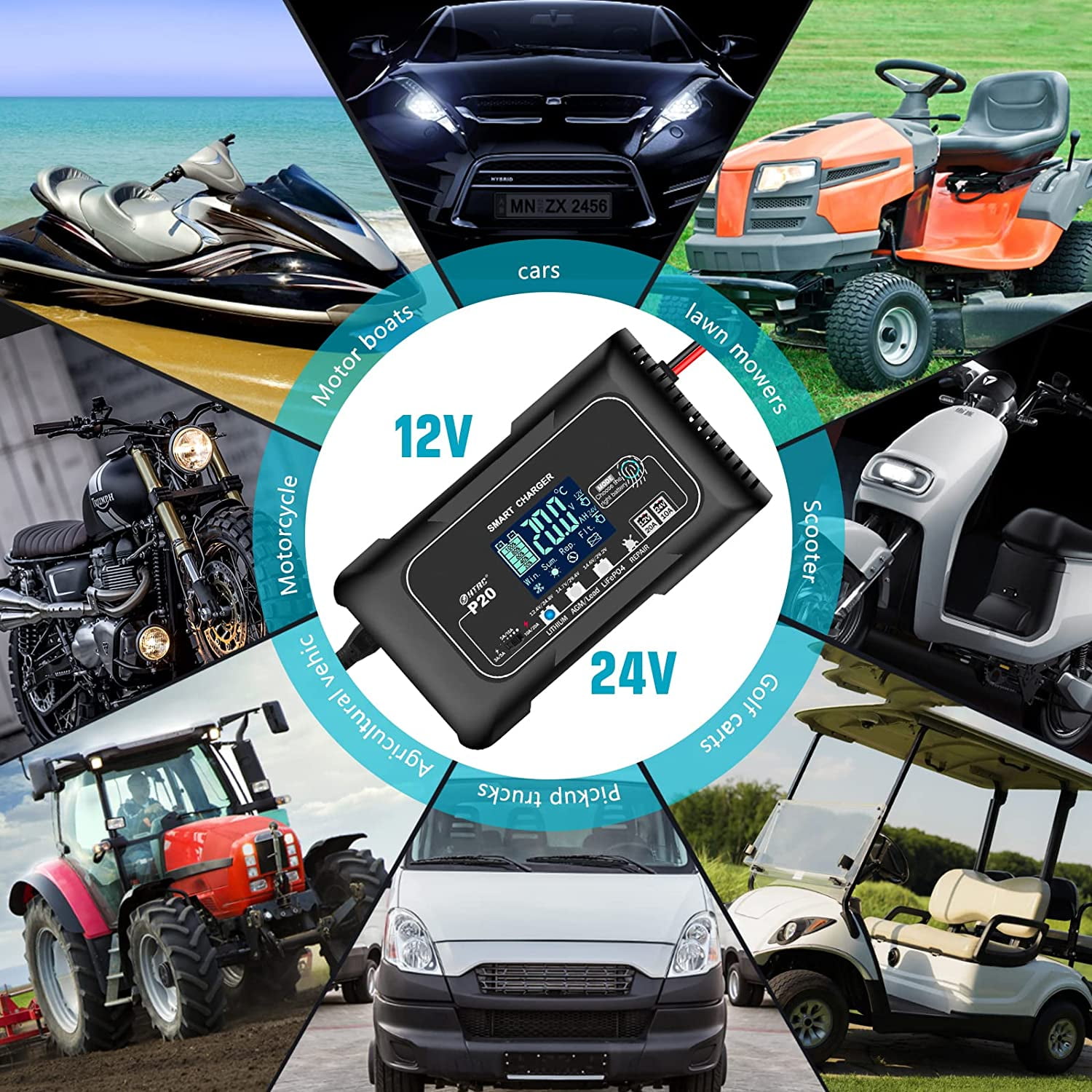 CACHOR 20-Amp Smart Battery Charger,Lithium,LiFePO4,Lead-Acid(AGM/Gel/SLA..) Car Battery Charger,Trickle Charger, Maintainer/deep Cycle Charger,12V/20A and 24V/10A,for Boat,Motorcycle,Lawn Mower,Golf