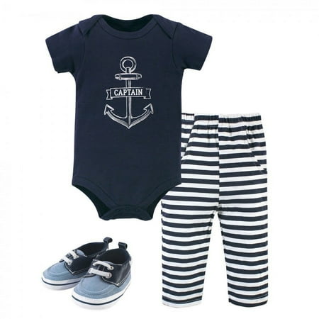 UPC: 0660168528855 | Hudson Baby Infant Boy Cotton Bodysuit  Pant and Shoe 3pc Set  Captain  0-3 Months