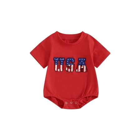 

Cenuakty Baby Girls Boys Independence Day Romper Short Sleeve Crew Neck Letter Embroidery Casual Romper