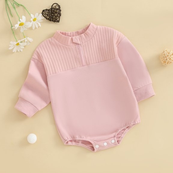 SXCXLSA Baby Girl Bodysuit Solid Color Onesie Long Sleeve Jumpsuit Cute Soft Comfortable Clothes Pink 6-12 M