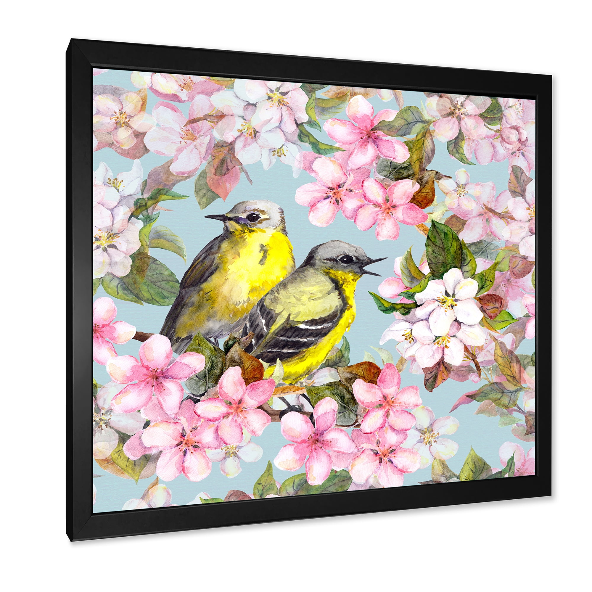 Designart 'Birds On Pink Cherry Sakura and Apple Flowers II' Traditional Framed Art Print
