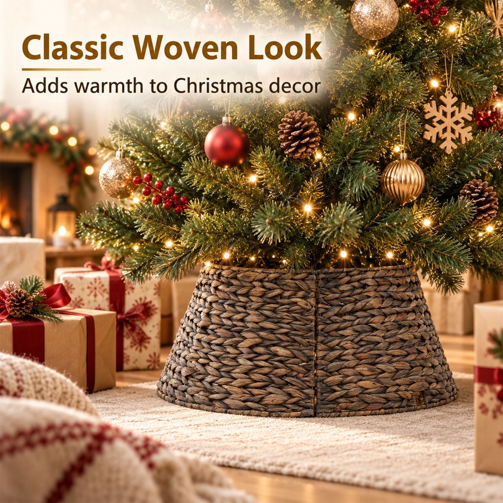 Alvantor Christmas Tree Collar, Woven Rattan Stand Cover with Cord Port, Black 24IN