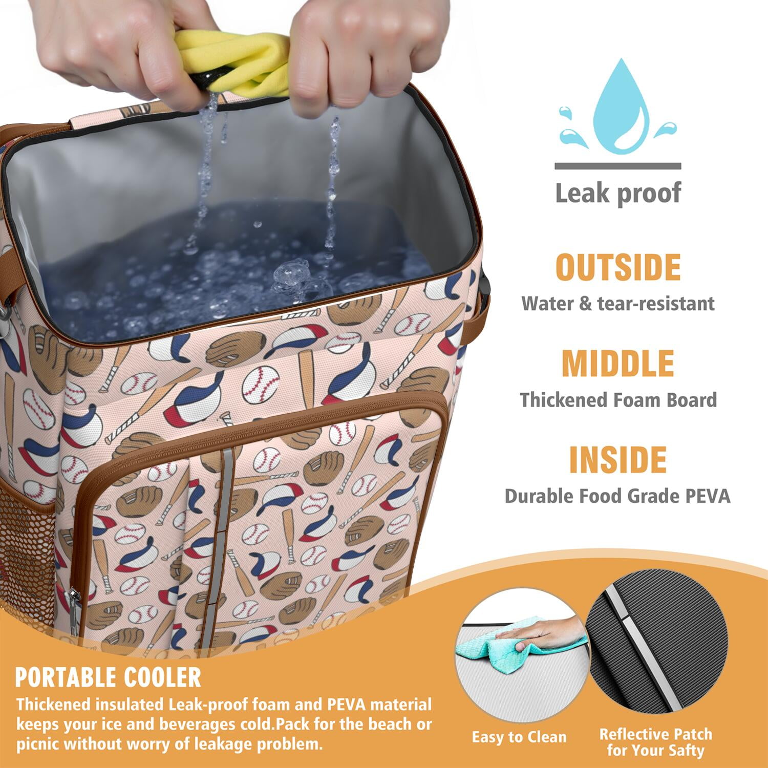 Travel Cooler Bag - Pink Baseball Gear Pattern Camping Beer Cooler Backpack with Bottle Opener- Waterproof Insulated Picnic Backpacks - Cooler Bag for Beach