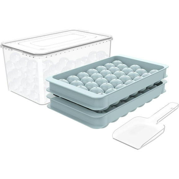 Ice Cube Tray for Freezer with Lid & Bin, 0.8"x66 Round Ice Cube Mold with Container, Small Circle Ice Cube Tray Making Sphere Ice Chilling Cocktail Tea Coffee (2 Trays 1 Ice Bucket & Scoop)