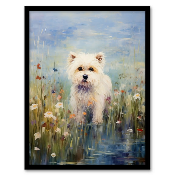 West Highland Terrier Claude Monet Style Dog Oil Painting Pastel Colour Portrait Art Print Framed Poster Wall Decor 12x16 inch