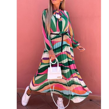 Tralilbee Fashion Multi Color Striped Elegant O Neck Tie Dress Casual Long Sleeve Pleated Beach Dress Women Vintage Pattern Party Dress