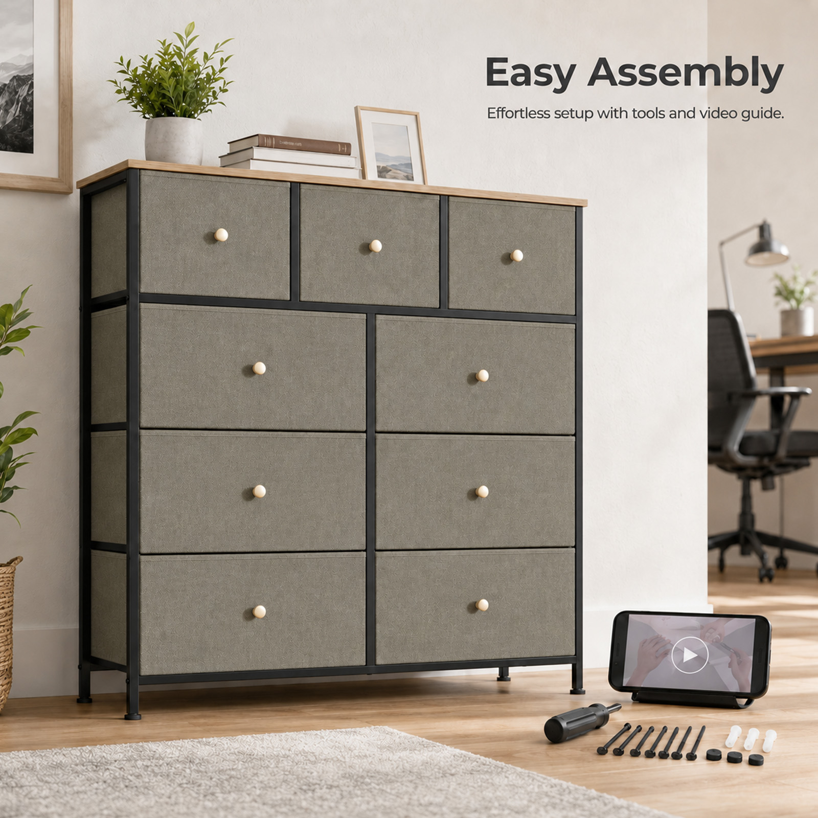 Alvantor 8/9 Drawer Fabric Dresser, Storage Tower for Bedroom and Closet, Chest of Drawers with Sturdy Steel Frame & Wooden Top for Living Room, Entryway