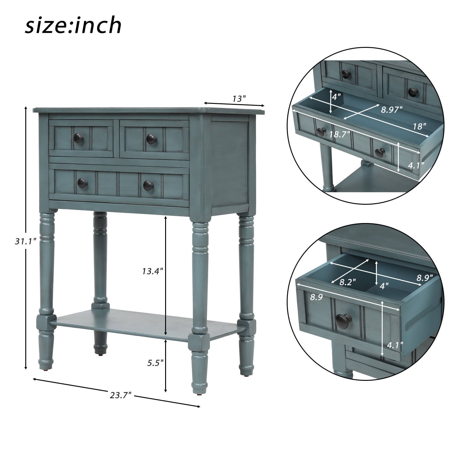 Narrow Console Table,Rustic Entryway Table Slim Sofa Table with Three Storage Drawers and Bottom Shelf,Wood Side Table for Living Room,Easy Assembly(Navy)
