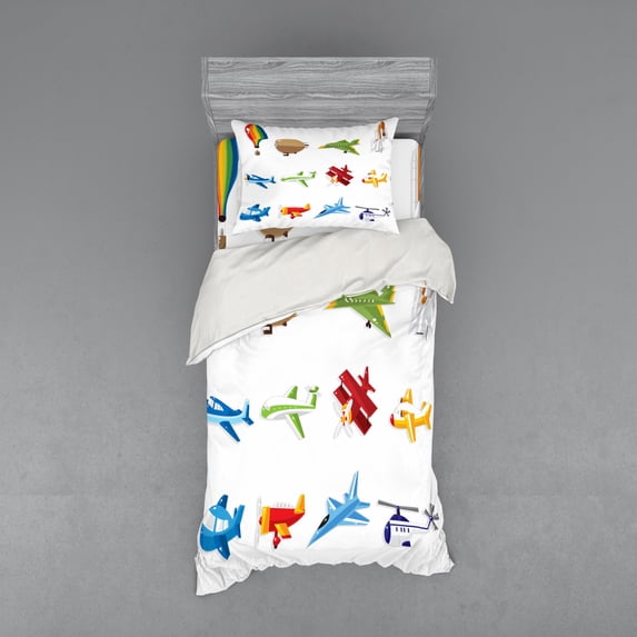 Ambesonne Cartoon Bedding Set 3 Pcs, Jet Airliner Zeppelin, Twin, Multicolor