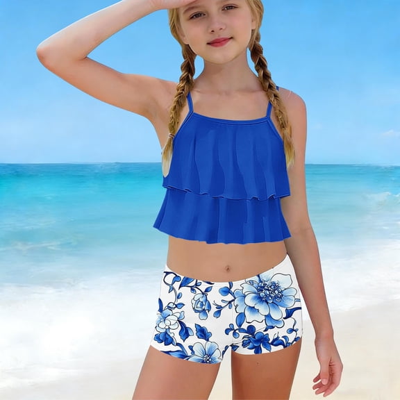 ATOGUTA Tankini Swimsuits for Girls Summer Ruffle Swimwear Two Piece Boyshort Tankini Kids Swimsuit Size 6-15, Multicolor