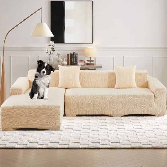 Eurhowing Stretch L Shape Sectional Sofa Cover, 2 Piece Non Slip Couch Slipcover for Pets & Kids, Jacquard Washable Furniture Protector (Fits 3 3 Seater), Beige
