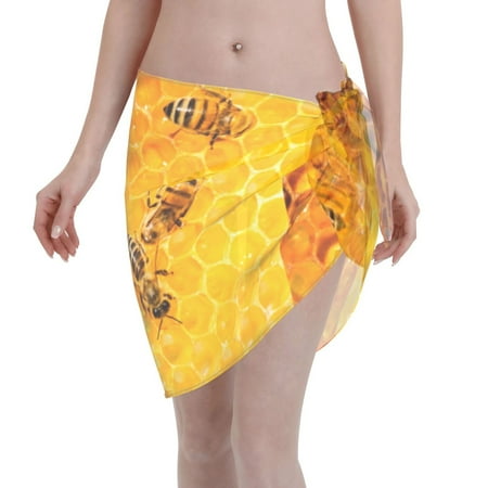 Adobk Women Beach Sarong Bathing Suit Bees On Hive Honeycomb Print Wrap Skirt Sheer Bikini Swimsuit Cover Ups For Swimwear