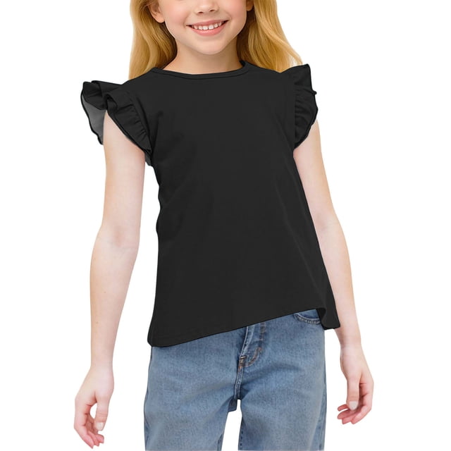 Zpanxa Girls Summer Shirts Solid Color Ruffle Sleeve Crew Neck Casual Tee With Polyester Spandex 4 Years