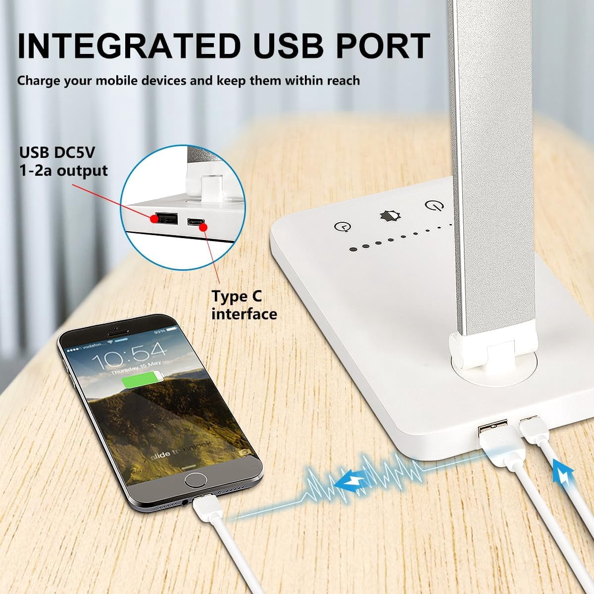 White crown LED Desk Lamp Dimmable Table Reading Lamp with USB Charging Port, 5 Lighting Modes, Sensitive Control, 30/60 Minutes Auto-Off Timer, Eye-Caring Office Lamp (Black)