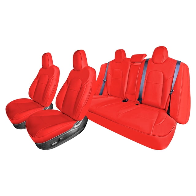 For 2017-2024 Tesla Model 3 FH Group Faux Leather Custom Fit Car Seat Covers Solid Red - Full Set