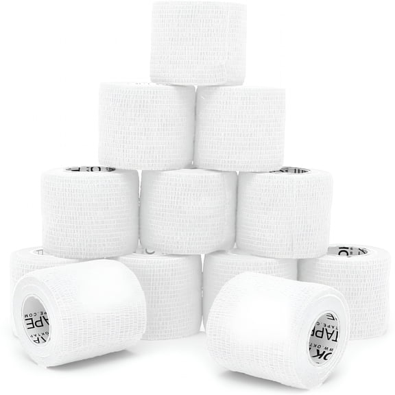 QARUN 12 Rolls Self Adhesive Bandage Wrap,Elastic Athletic Tape,Self Stick Bandage Tape,Vet Wrap,Medical Wrap for Wrist,Feet,2" X 5 Yards-White