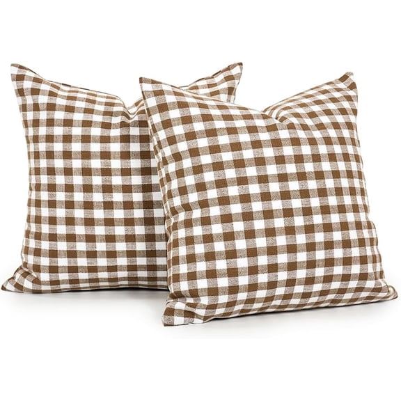 Outdoor Khaki Plaid Christmas Pillow Covers 16x16 Set of 2, Khaki and White Checkered Throw Pillows Covers, 16 x 16 Farmhouse Gingham Pillows Decorative Throw Pillows Covers for Couch