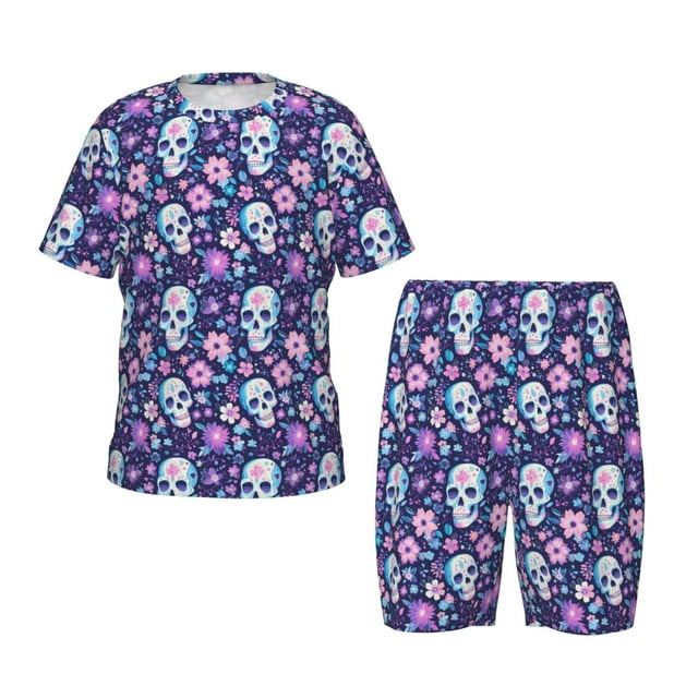 Balery Skull Purple Flower Conjunto de Pijama Infantil de Manga Corta con Estampado – Ropa de Dormir de Algodón Suave-Large