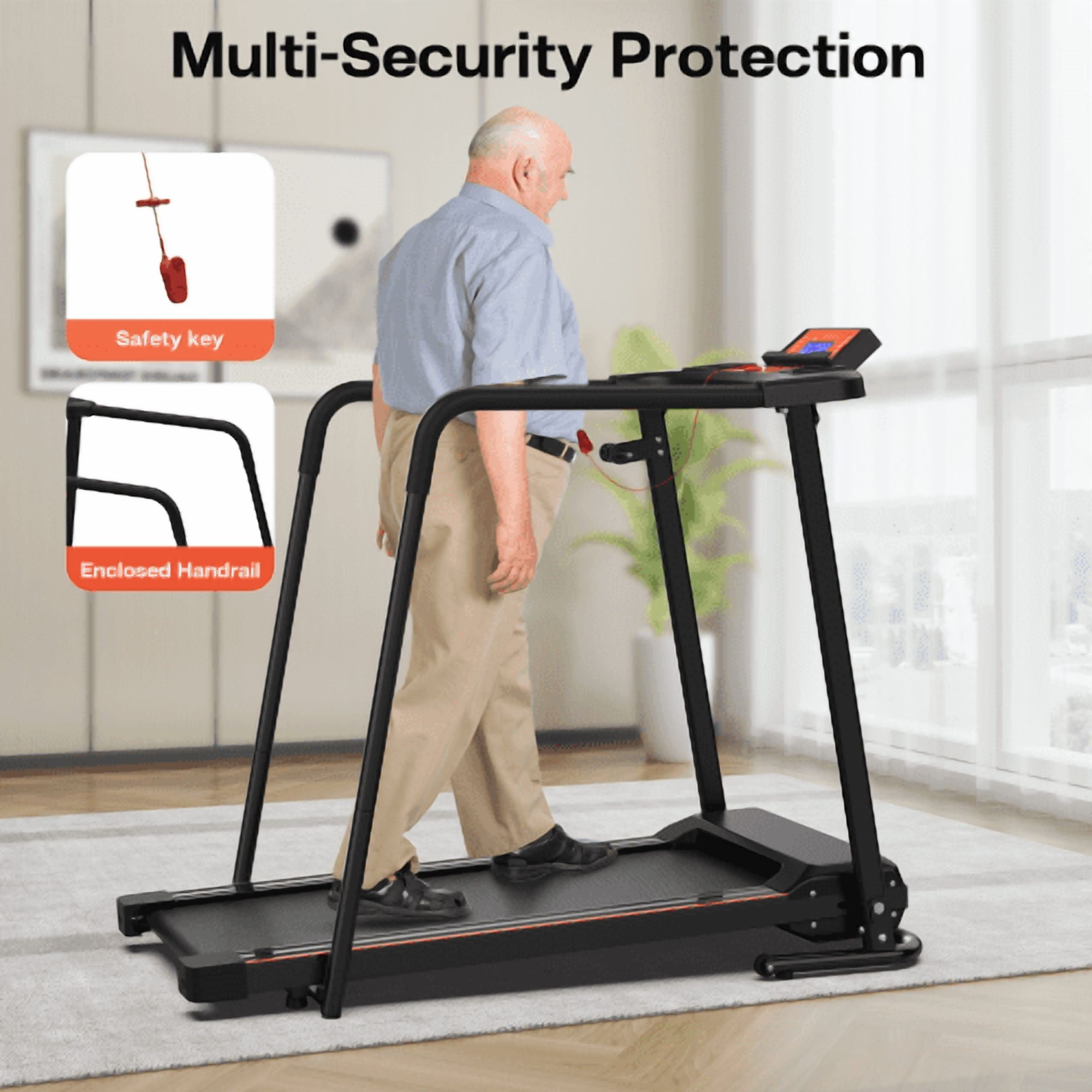 Hi-Treadmill,Foldable Treadmill with Extended Handrails for Seniors & Recovery Fitness,2.5HP,300LBS Capacity,Walking Treadmills with Optional APP Control for Home,Office,Gym.