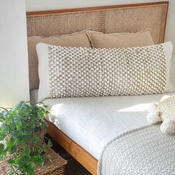Laddha Home Designs Handwoven Bobble Lumbar Pillow Cover - 36" - White and Beige