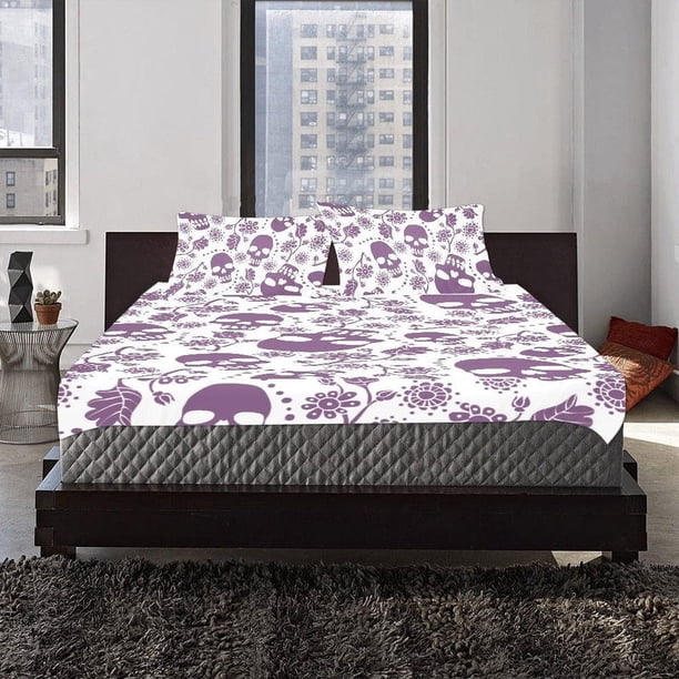 Juego de cama de 3 piezas de calaveras florales moradas