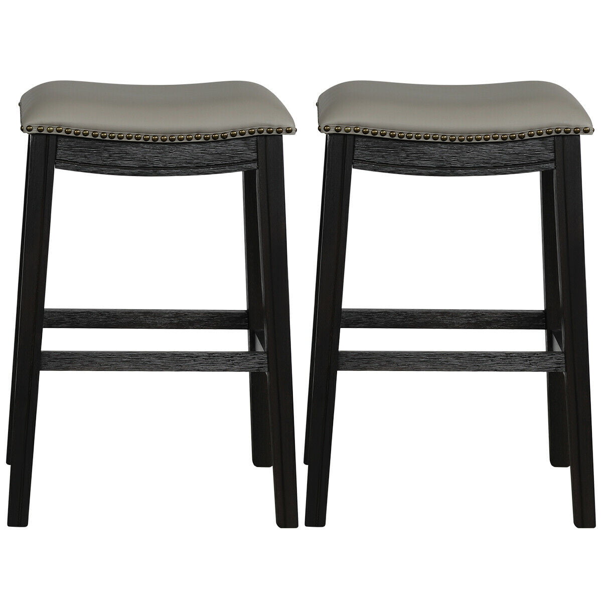 Top Black Set Of 2 Kitchen Counter, White Leather Bar Stools With Nailheads