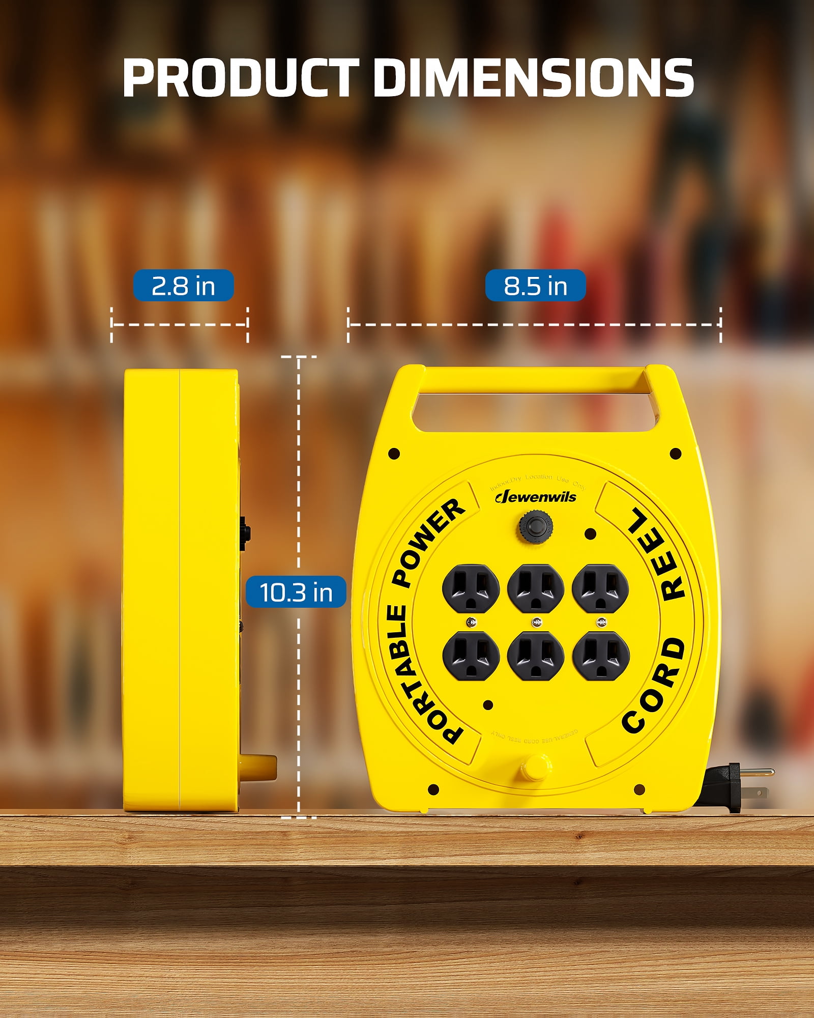 DEWENWILS 6 Outlets Extension Cord Reel, 30FT SJTW 16/3C Power Cord, Hand Wind Retractable, Overload Protection, 13 Amp Circuit Breaker, Yellow, Black, UL Listed