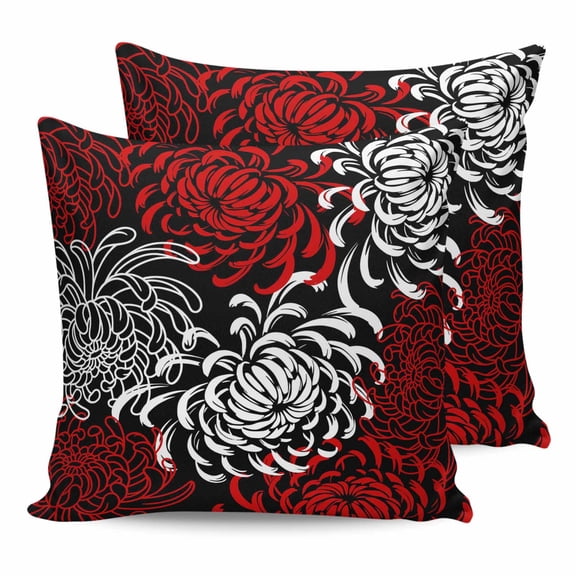 Red Grey Chrysanthemum 24x24 Pillow Covers Set of 2, Farmhouse Botanical Floral Modern Throw Pillow Covers Decorative Couch Cushion Case, Microfiber Square Pillowcases for Bedroom Car Living Room