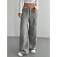 thumbnail image 3 of Women Solid Corduroy Wide Leg Pants Button Front Zipper Straight Pants with Pockets Grey S, 3 of 8