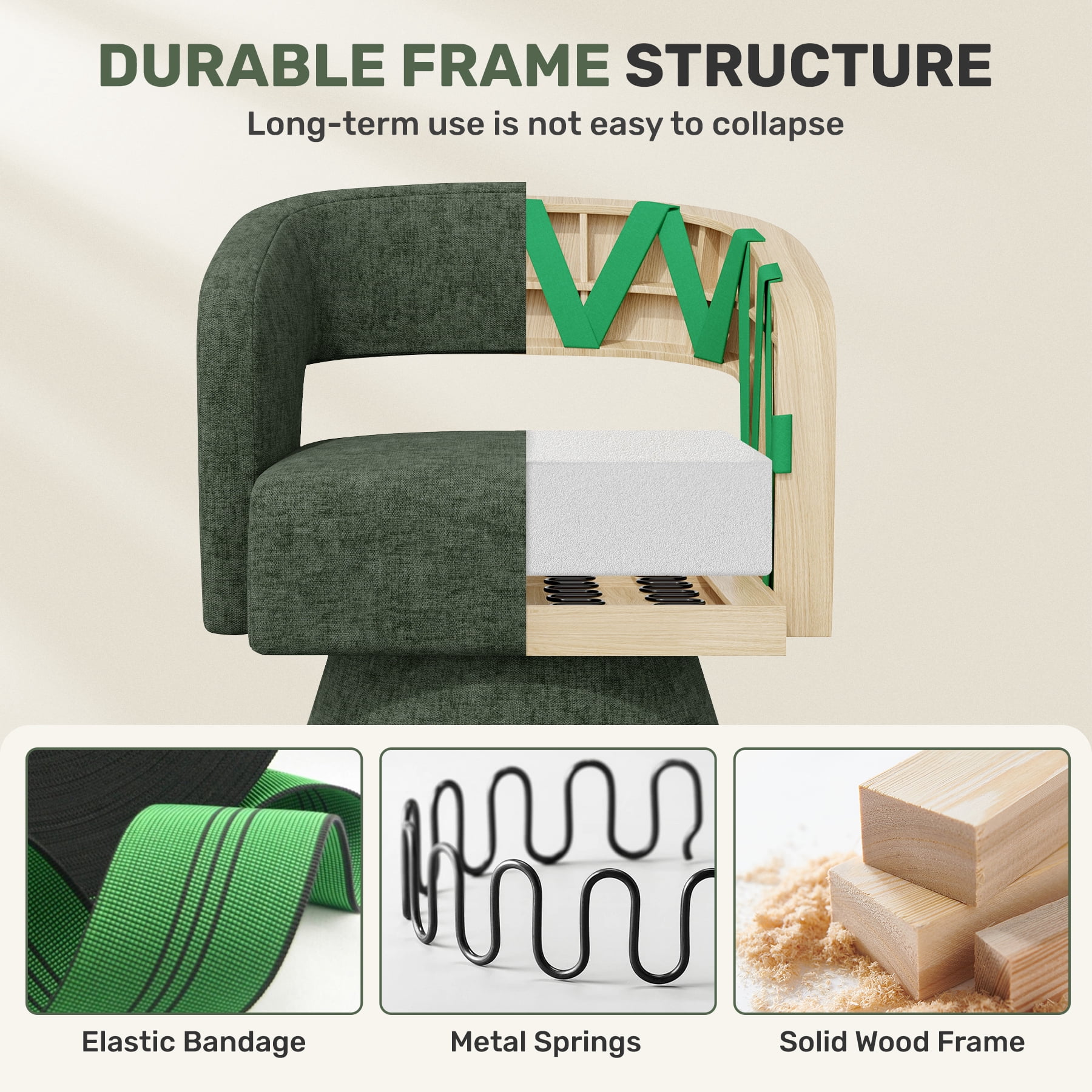 MOONMISS Oversized Chenille Swivel Barrel Accent Chair,Modern Comfy Round Arm Upholstered Armchair for Living Room,Green
