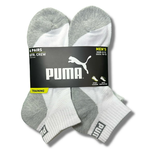 PUMA SOCKS MEN'S - QUARTER CUT - NEXO 253 - WHITE GREY - LARGE (10-13) PACK 6 XX
