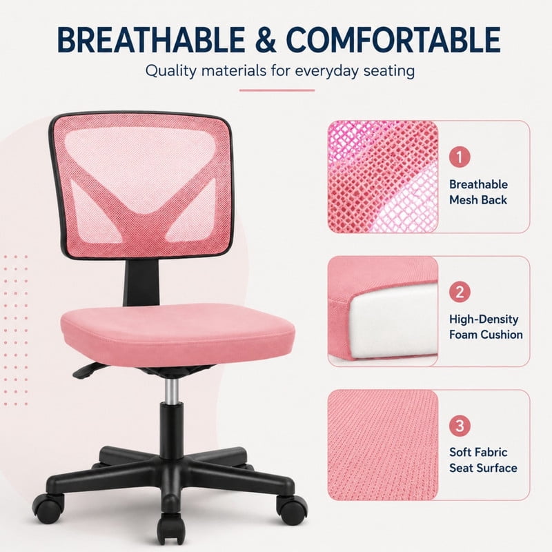 BEAUTYPEAK Desk Chair with Y-Shaped Lumbar Support Adjustable Armless Mesh Office Chair with Wheels for Home Office, Pink