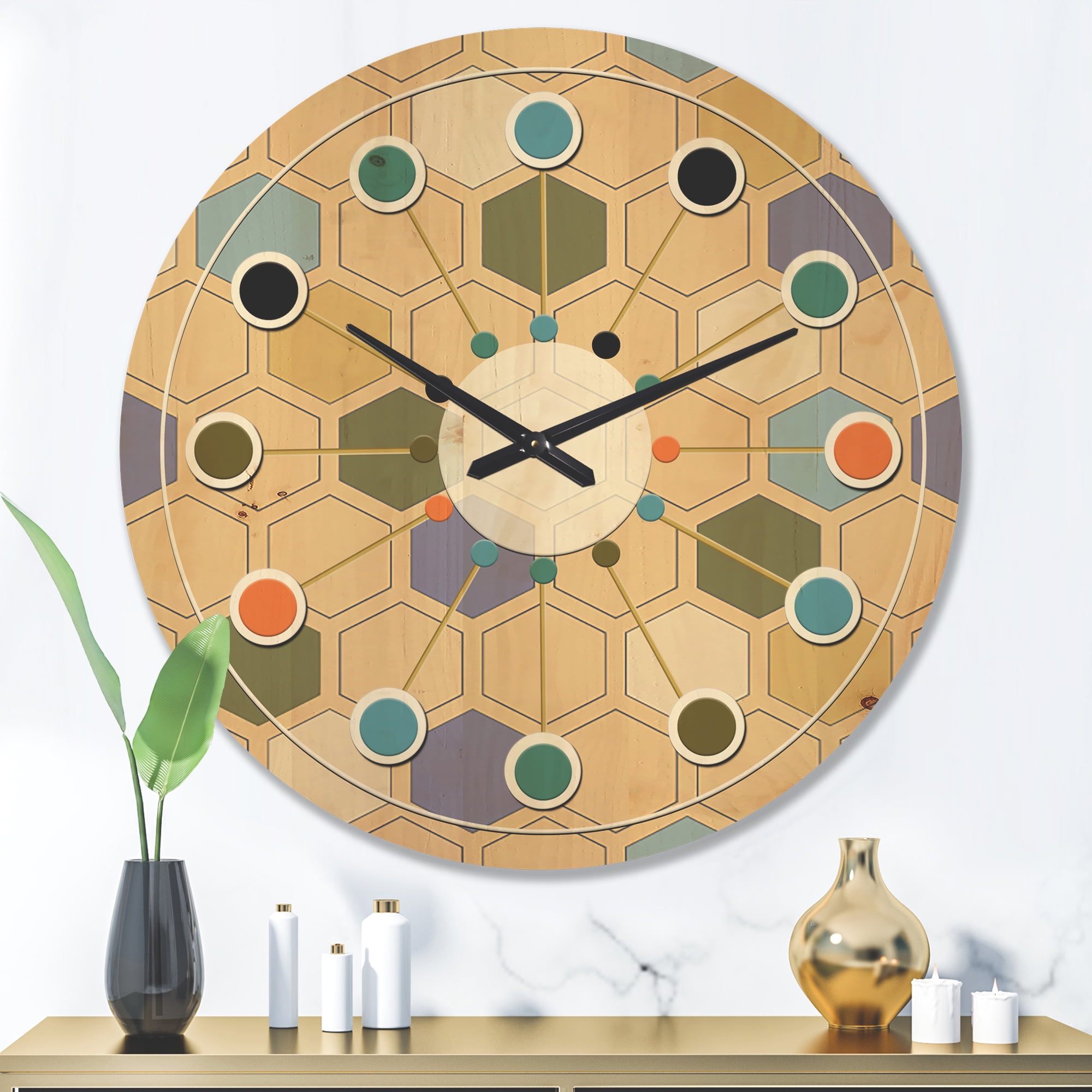 Designart 'Hexagon Retro Pattern VI' Mid-Century Modern Wood Wall Clock