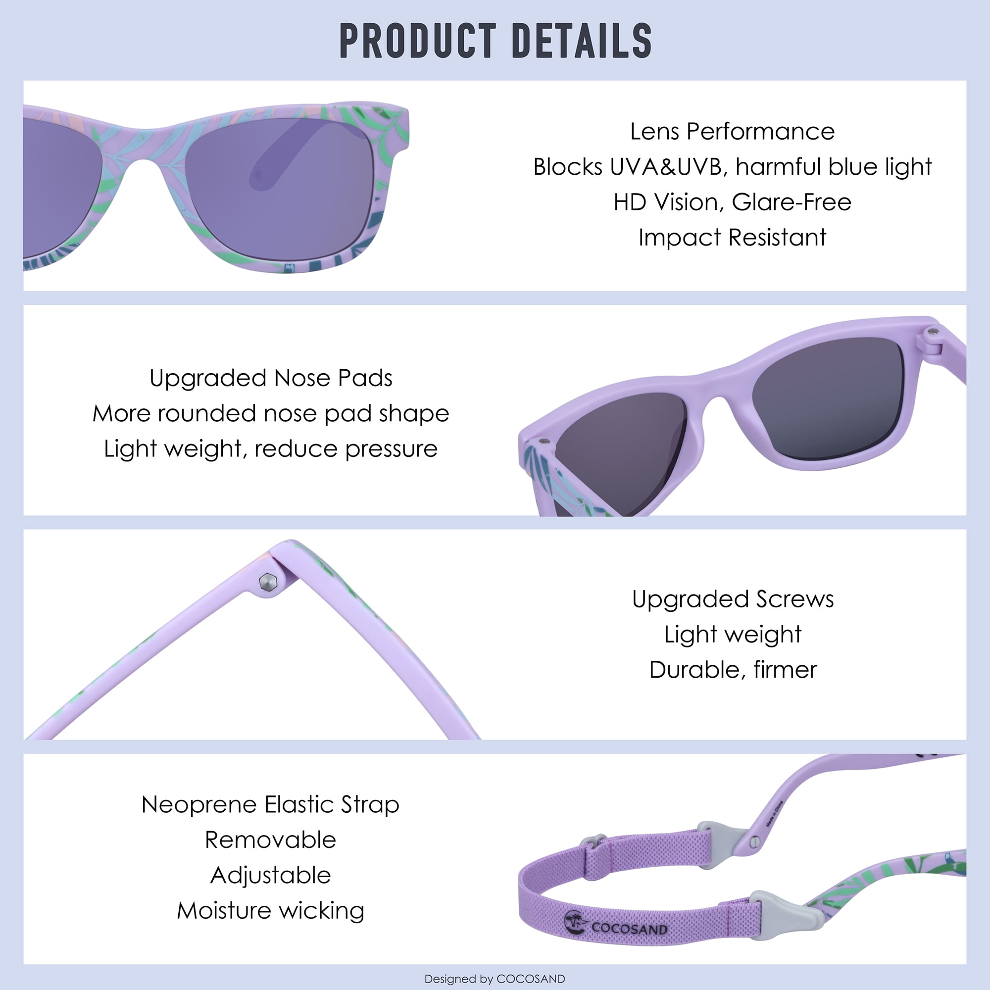 COCOSAND Baby Sunglasses with Strap Square Frame UV400 for Infant Toddler Boys Girls Age 0-24 Months, 2-Pack