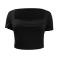 thumbnail image 3 of DuoJiaJ Womens Summer Square Neck Tops Short Sleeve Shirts Slim Fit Crop Top Black M, 3 of 4