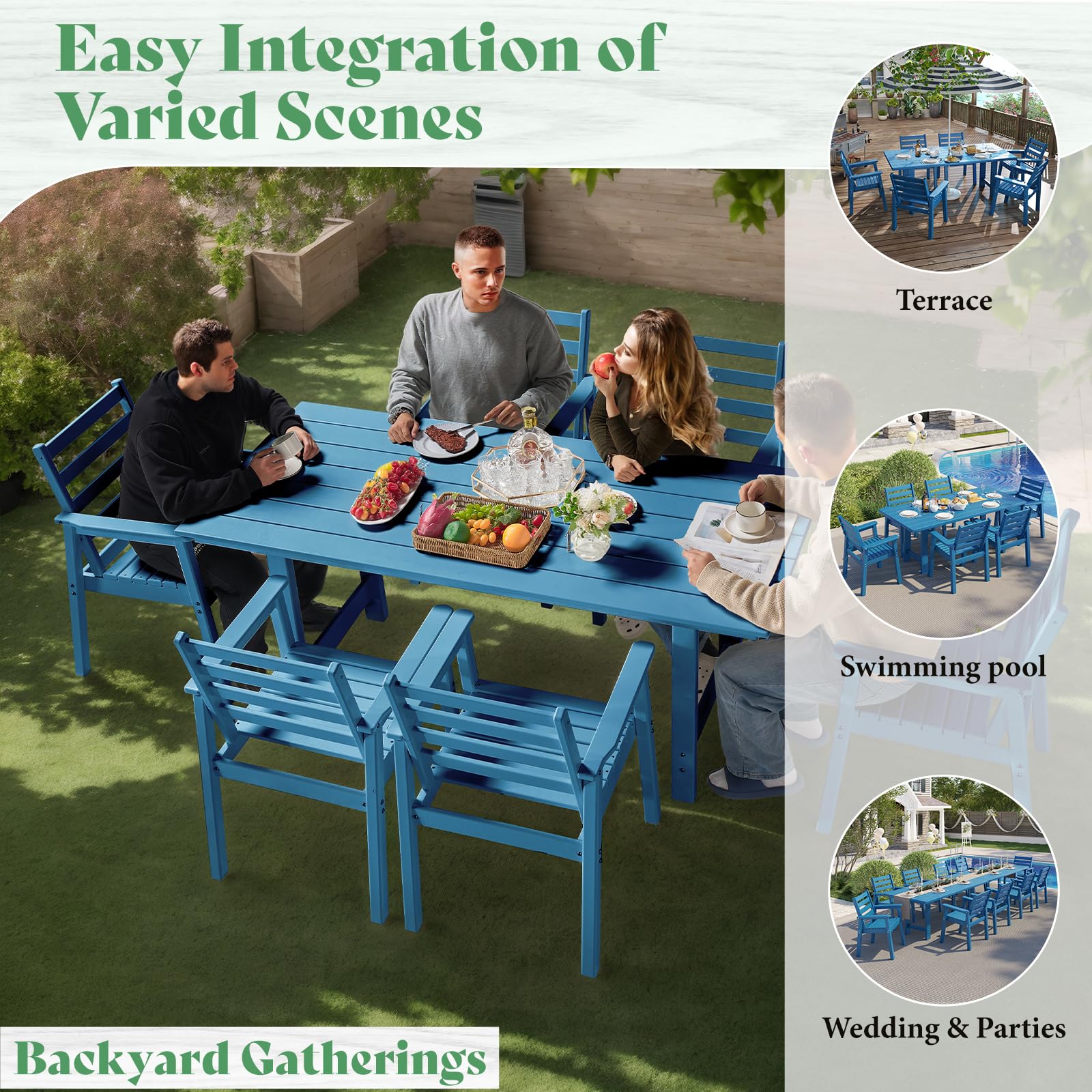 LUXOAK 7 Piece HDPE Outdoor Dining Set, 71" Table with 6 Chairs, Patio Furniture, Blue