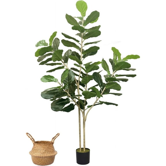 6ft/72in Artificial Fiddle Leaf Fig Tree Faux Fiddle Leaf Fig Tree Large Artificial Tree Large Leaves with Rattan Flower Pot Pot for Indoor Outdoor House Living Room Office Home Decor