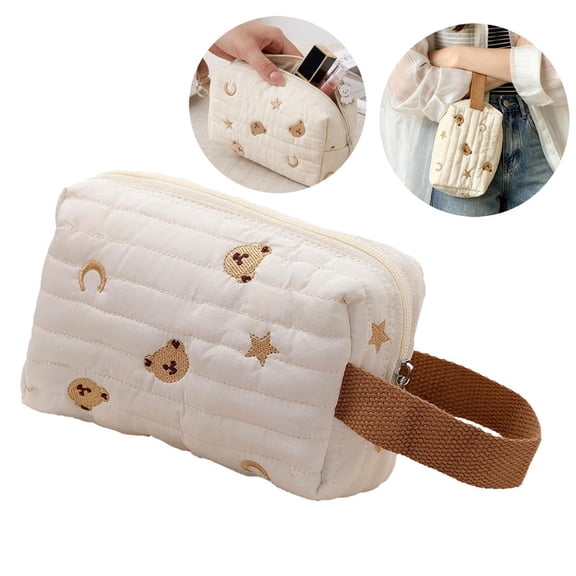 Bear Embroidered Quilted Makeup Bag Portable Cosmetic Pouch with Handle LightweightCosmetic Bag, Large Capacity Cosmetic Toiletry Bag for Travel Makeup Organizer