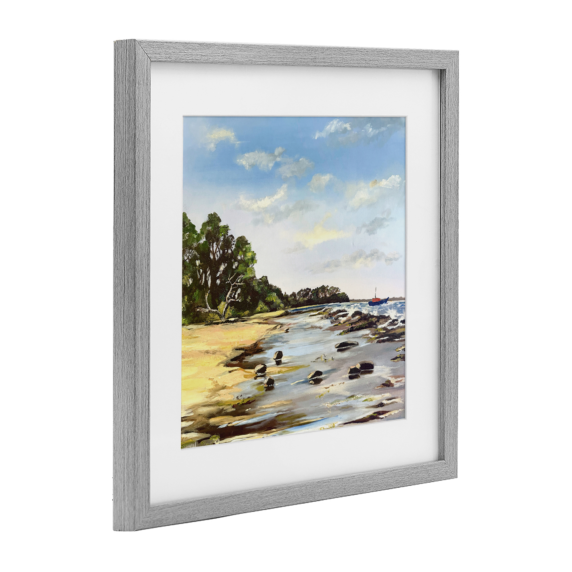 Low Tide Seascape Gray Framed Print Under Glass, design by Patricia Reynolds
