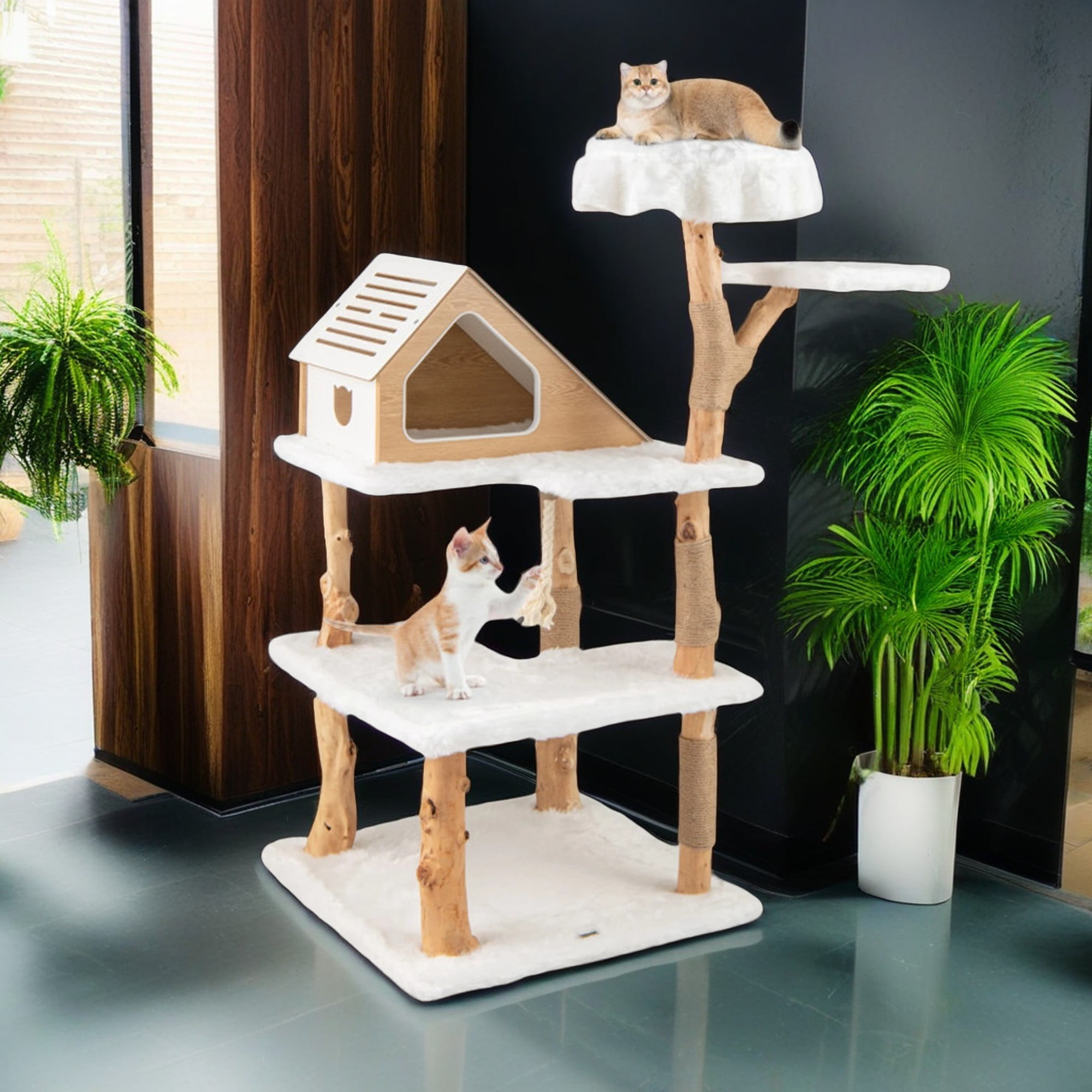 Kadyn 60" Solid Wood Cat Tree Tower for Indoor, Modern Cat Condo with Scratching Post, Cat Climbing Tree House Furniture, White