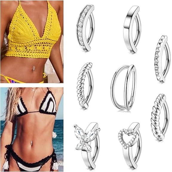 8Pcs Belly Button Ring Surgical Steel 14G Clicker Belly Rings for Women CZ Heart Butterfly Belly Button Piercing Simple Reverse Navel Barbell Rings Body Piercing