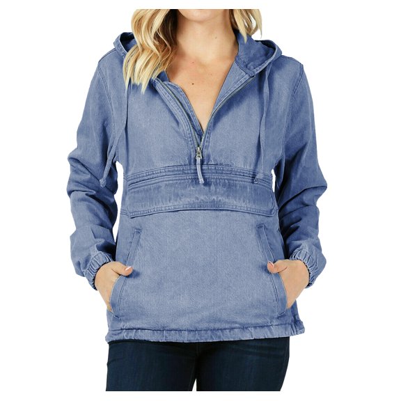 Women’s Premium Cotton Casual Hoodie Half Zip Pullover Denim Jean Jacket (Medium Blue, M)